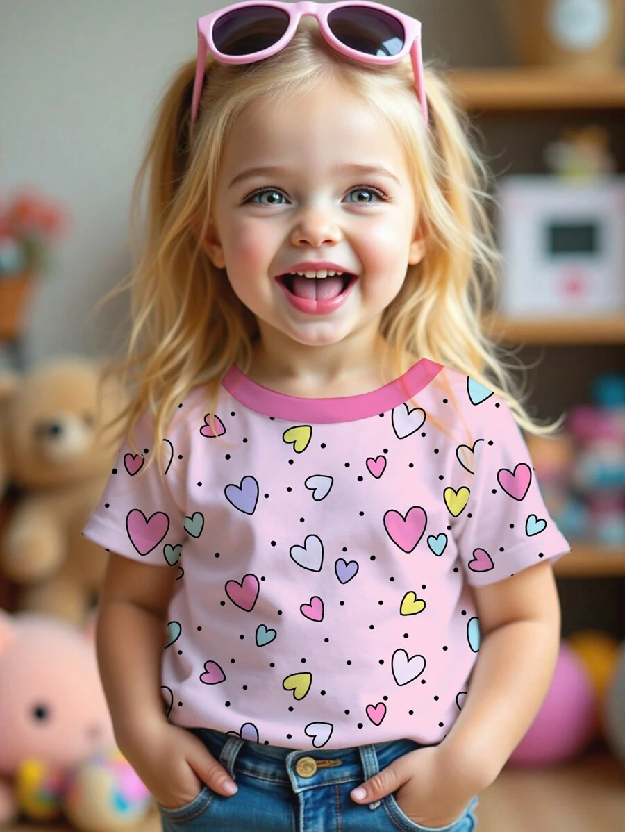 SHEIN Leap Crew Valentine's Day, Cute Hand-Painted Colorful Heart Pattern, Pink, Young Girl Casual Simple Round Neck Short Sleeve T-Shirt Suitable For Summer - Multicolor - View 1