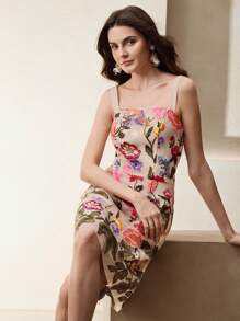 Anewsta 女士中长款太阳裙，夏季花卉印花连衣裙 - 杏色 - 查看 6