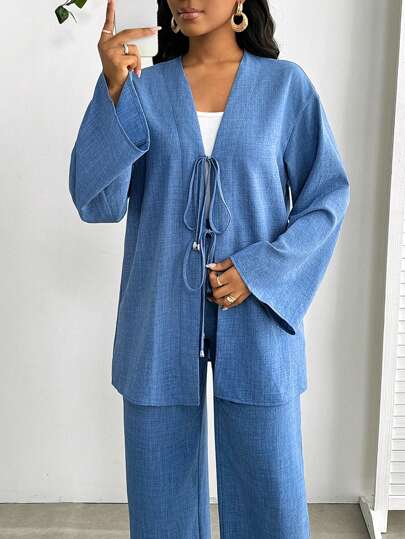 SHEIN Lady 2 件套女士休闲前系带长袖上衣和裤子套装，纯色女士两件套
