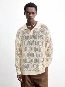 Maija Men's 2025 Spring & Summer New Khaki Polo Collar Loose Diamond Graphic Sweater, Casual Minimalist Daily Commute, Suitable For Valentine's Day, New Year Party, Vacation