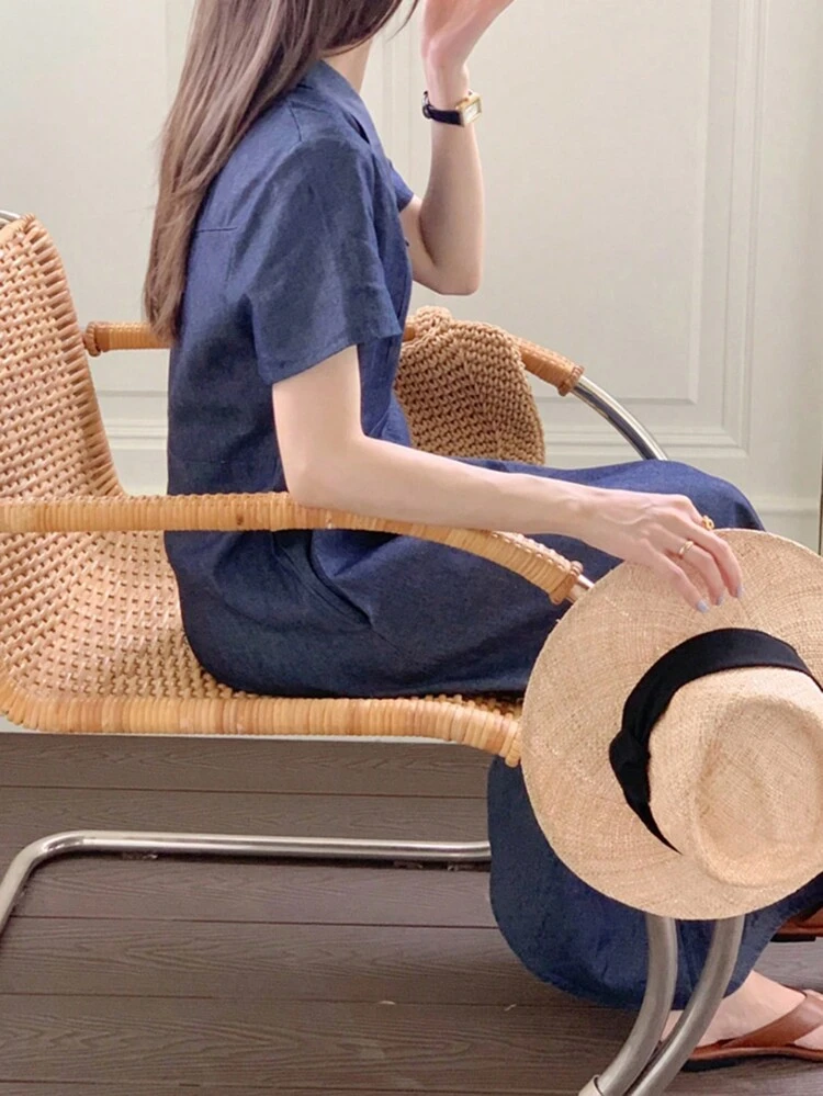 Women's Collared Half-Open Waist Cinch Long Dress, Navy Blue, Spring/Summer SpringStyle Shirt Dress,Casual Women Dresses Maxi Dress