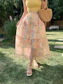 DAZY Damen Rundhals Plissee Rüschen Saum Blume Muster Rock Herbst Röcke Urlaubsoutfits Frauen Ostern Boho - Aprikosenfarben - Übersicht 6