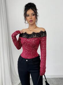 Chiquease 女士亮片面料拼布花卉边饰修身性感露肩 T 恤 - 紅色 - 查看 6