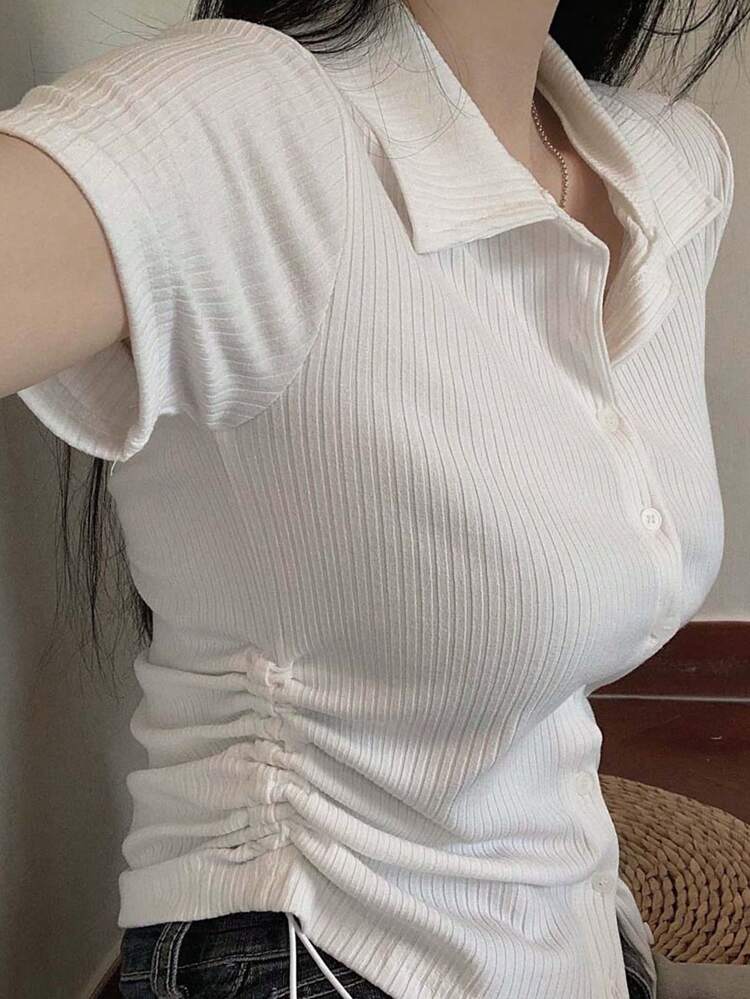 Women's Solid Color Polo Collar Casual Drawstring Short Sleeve T-Shirt