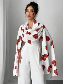 SHEIN ChicEase Conjunto de moda elegante para mujeres con impresión digital de rosas blancas y rojas para el Día de San Valentín - Blanco - Ver 3