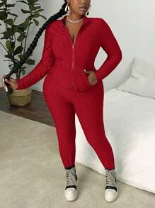 Slaydiva Plus Size Black Zippered Mock Neck Textured 2 Pieces Athleisure Set - Z