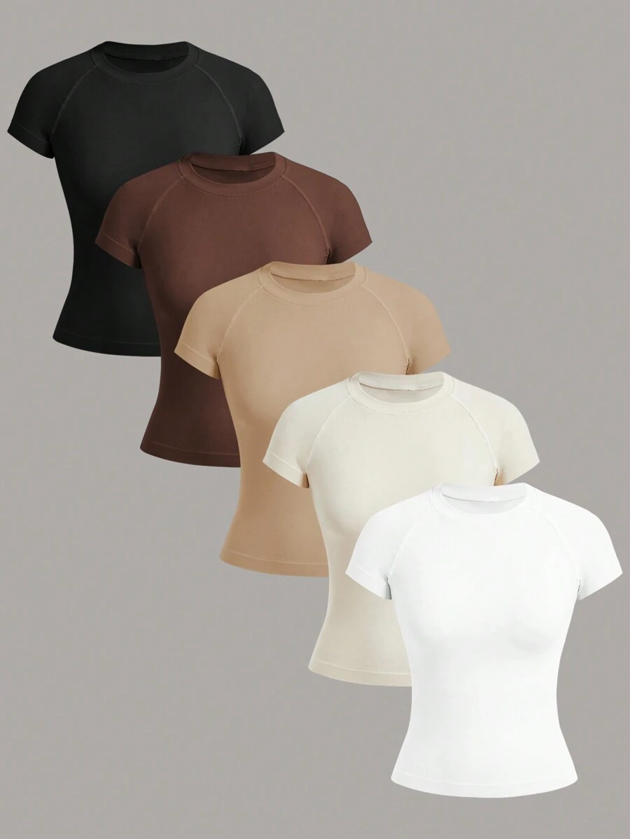 Easithlete 女士纯色圆领短袖简约休闲无缝运动T恤修身衬衫健身衫