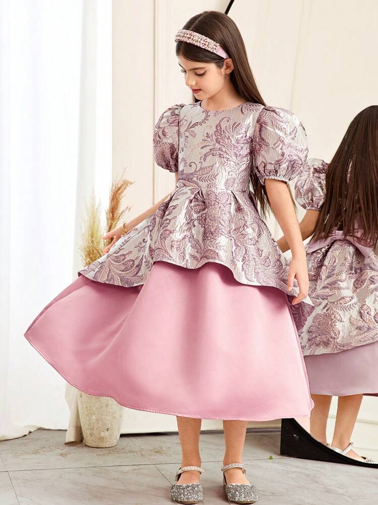 SHEIN Tween-Mädchen Elegantes Brokat-Patchwork-A-Linien-Kleid mit Blumenmuster, Taillenbund mit 3D-Schleifenakzent, Party- und Prinzessinnenkleid mit Puffärmeln - Schwarz und Weiss - Übersicht 3