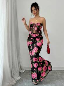 Chiquease 2 件套红色和黑色玫瑰印花服装：系带花卉印花吊带背心短款上衣和花卉印花紧身鱼尾中裙，褶皱/荷叶边玫瑰花朵领带蝴蝶结新年派对礼服，适合女士情人节 - 粉色 - 查看 7