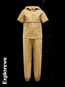 SHEIN 2 件套男童前拉链连帽衫和长裤，简约设计 - 黑色 - 查看 1