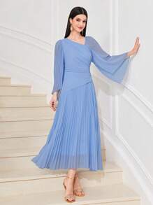 Modelyn Abito lungo elegante da donna, con maniche lunghe, collo asimmetrico e pieghe, in colore unito