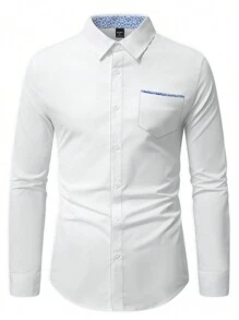 Manfinity Homme Men Solid Color Patchwork Front Button Long Sleeve Pocket Casual Shirt, Fall - White - View 3