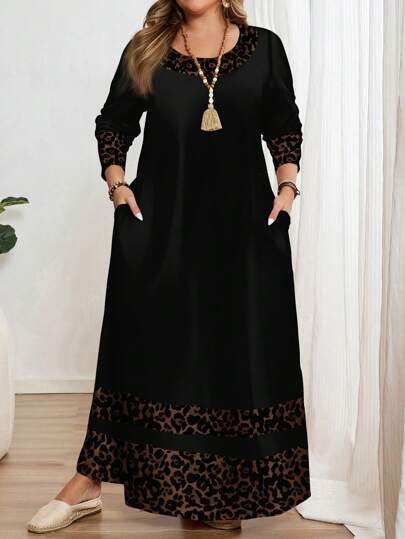 EMERY ROSE Plus Size Casual Simple Round Neck Long Sleeve Dress, Suitable For  Chic Dress,Spring/Summer/Vacation
