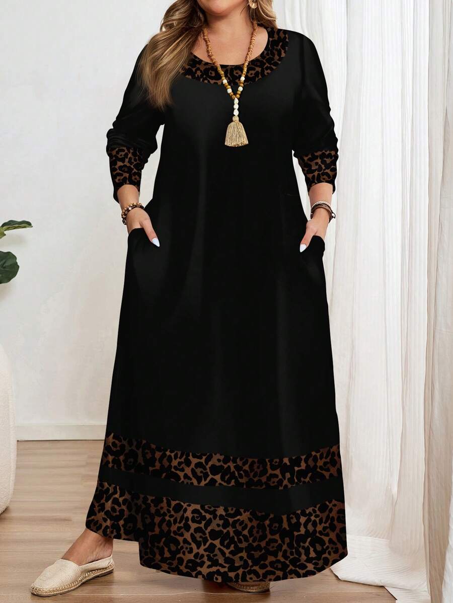 EMERY ROSE Plus Size Casual Simple Round Neck Long Sleeve Dress, Suitable For Chic Dress,Spring/Summer/Vacation - Multicolor - View 1