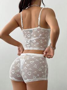 SHEIN Unity 2pcs/Set Women's Lace Heart Design Camisole And Low Waist Leggings Set, Casual Vacation Sexy Avant-Garde Fashion, Spring/Summer - White - View 2