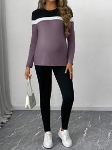 SHEIN 2pcs Maternity Solid Patchwork Round Neck Long Sleeve Top And Pants Set, Minimalist - Dusty Purple - View 4