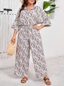 SHEIN VCAY Plus Size Tropical Resort Apricot Geometric Print Collared Short Sleeve Waisted Wide Leg Jumpsuit, Casual Versatile Loose Jumpsuit - Apricot - View 5