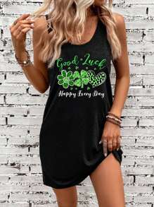 EMERY ROSE Casual Minimalist Lucky Four-Leaf Clover & Leopard Print Tank Dress Suitable For Party - Black - View 3