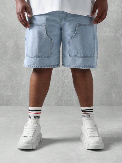 SUMWON 木匠风格实用牛仔短裤加大码宽腿超大版型夏季休闲工作裤带大贴袋