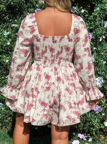 Flirla Elegant Floral Embroidery High Waist Shirred Jumpsuit With Short Sleeve, Romantic Vacation Style, Fabric With Floral Print - Multicolor - View 2