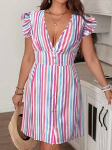 SHEIN VCAY Plus Size Colorful Striped V-Neck Button Decor A-Line Summer Dress For Women, Teacher Clothes - Multicolor - View 1