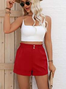 Breezaya Women Solid Color Frill Trim Button Casual Shorts - Burgundy - View 5