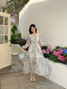 DAZY Đầm midi chiffon in hoa cho nữ, đầm tay dài mùa thu, trang phục đi nghỉ mát, lễ Phục sinh, phong cách boho. - Màu tím - Xem 3