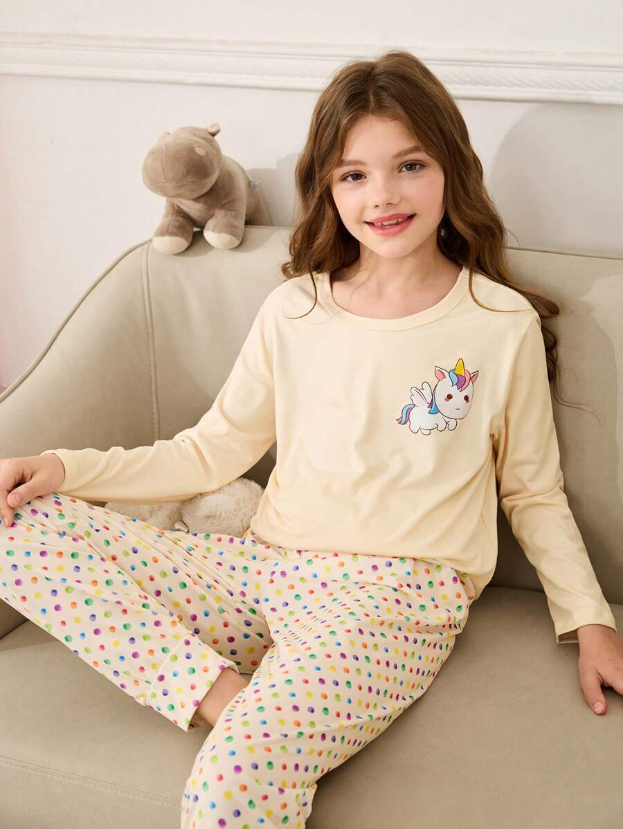 1 套青少年女孩圆领长袖印花休闲上衣和裤子睡衣