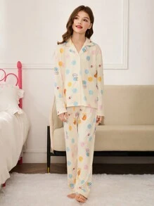 青少年女孩卡通印花长袖纽扣上衣和裤子睡衣套装 - 彩色 - 查看 5
