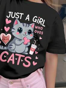 SHEIN Camiseta de manga corta, cuello redondo, minimalista y negra con estampado de gato corazón de dibujos animados "Sólo una chica que ama a los gatos" para niñas adolescentes, apta para primavera/verano