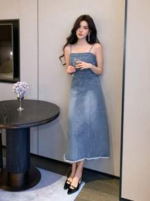 DAZY 女式宽松休闲吊带磨边牛仔连衣裙太阳裙 - 中等水洗藍 - 查看 3