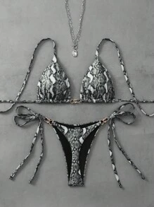 Swim Vcay 2 件套女士印花吊带三角比基尼上衣和系带下装海滩泳装套装，适合夏季 - 黑與白 - 查看 1