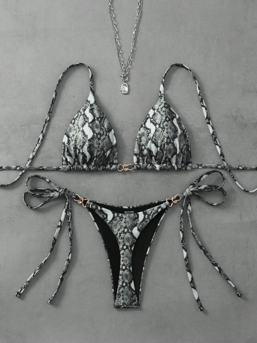 Swim Vcay 2 件套女士印花吊带三角比基尼上衣和系带下装海滩泳装套装，适合夏季 - 黑與白 - 查看 1