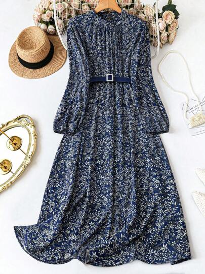 Plus Size Ditsy Floral Stand Collar Belt Decor Casual Long Sleeve Dress Maxi Women Outfit Fall Cloth For Women