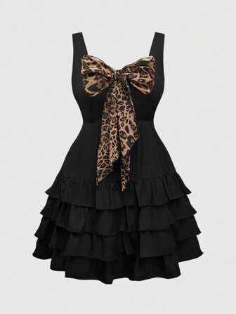 Kawaii Abito vintage in chiffon trasparente con stampa leopardata, fiocco e volant sull'orlo in taglie forti