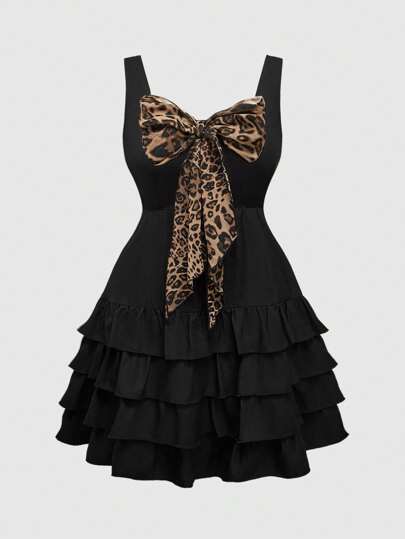 Kawaii فستان ملائم للمقاسات الواسعة من الشيفون الشفاف بطبعات النمر مع فتحات فرنسية عند الحافة وربطة عقدة الفراشة