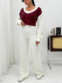 EURMUSE Women Cable Knit Pattern V-Neck Pullover & Sweater Pants Set - Multicolor - View 2
