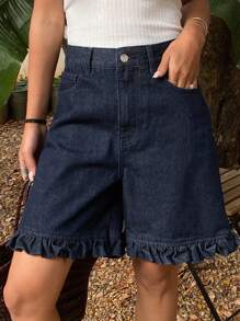 DAZY Pantaloni scurți din denim largi pentru femei, cu buzunar frontal și nasturi, casual, de vară - Spălare întunecată - Vizualizare 1