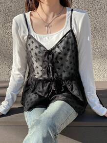 FRIFUL Débardeur à bretelles spaghetti texturé noir pour femmes, superposé avec un nœud papillon à nouer, transparent, top babydoll d'été