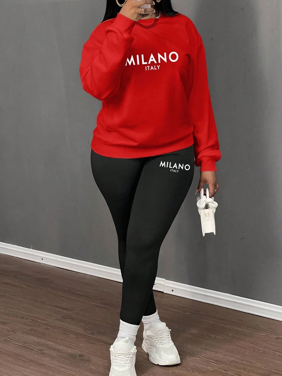 Slaydiva 2 件 MILANO 休闲字母图案宽松圆领运动衫和紧身打底裤套装，适合春秋季 - 彩色 - 查看 1