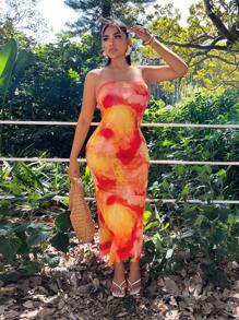 SHEIN SXY Damska sukienka typu gorset z nadrukiem tie-dye, dopasowana, tuba, stroje wakacyjne dla kobiet, letnie stroje dla kobiet, stroje plażowe dla kobiet, ubrania wiosenne, stroje na wakacje na plaży, stroje na rejs