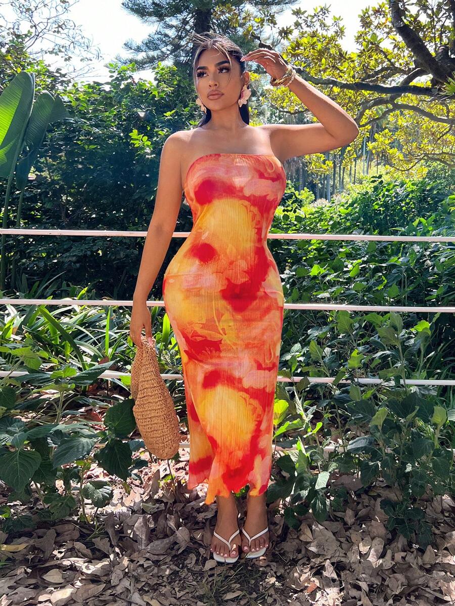 SHEIN SXY Damska sukienka typu gorset z nadrukiem tie-dye, dopasowana, tuba, stroje wakacyjne dla kobiet, letnie stroje dla kobiet, stroje plażowe dla kobiet, ubrania wiosenne, stroje na wakacje na plaży, stroje na rejs