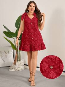 SHEIN LUNE Plus Size 3D Bloemen Stof Geknoopte Bandjes Bruidsmeisjes/Bruiloftsgast Mini Jurk