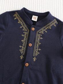 Cozy Pixies Baby Jungen Muster bestickte Stehkragen Kurzarm Romper Shorts, lässig & vielseitig, geeignet für Sommerwetter, drinnen und Outdoor