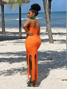 Slaydiva 2025 新款狂欢/复活节女装/老钱风格女装/乡村音乐会装/外出装/仙女风/节日装/热带度假女装夏季女士服装/夏季/狂欢/欧洲夏季/春季服装/西装女士加大码/音乐会/毕业装，百搭日常休闲简约性感极简大码，休闲纯色细肩带流苏下摆中长连衣裙 - ZZ