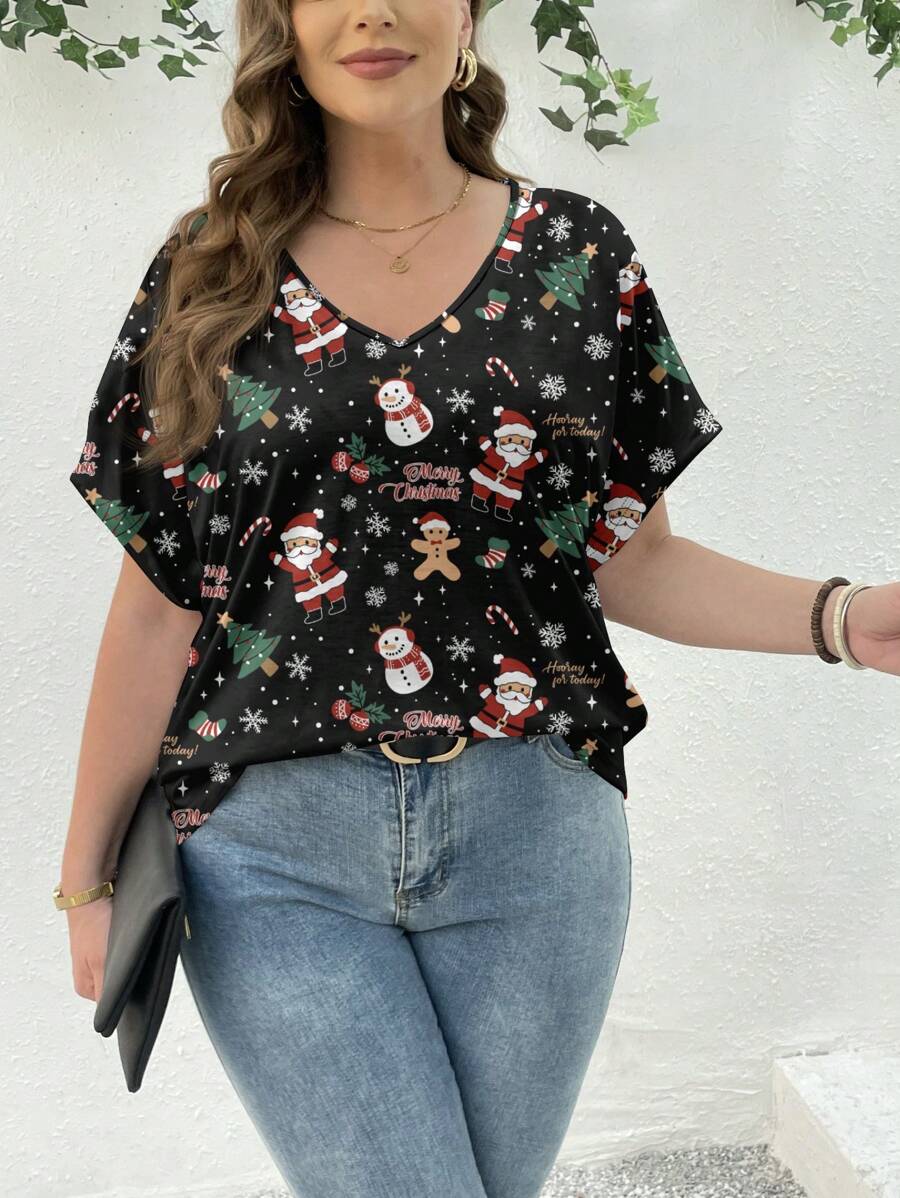 SHEIN Essnce 圣诞节服装圣诞老人雪人图案女式夏季短袖V领宽松大码T恤套头衫 - 黑色 - 查看 1