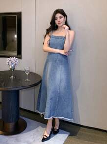 DAZY 女式宽松休闲吊带磨边牛仔连衣裙太阳裙 - 中等水洗藍 - 查看 6
