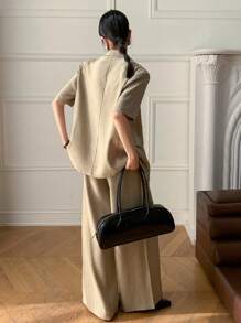 DAZY Classic Solid Color Loose Fit Short Sleeve Jacket And Wide Leg Pants Women Suit Set, Spring/Summer Linen Business Attire - Khaki - View 2