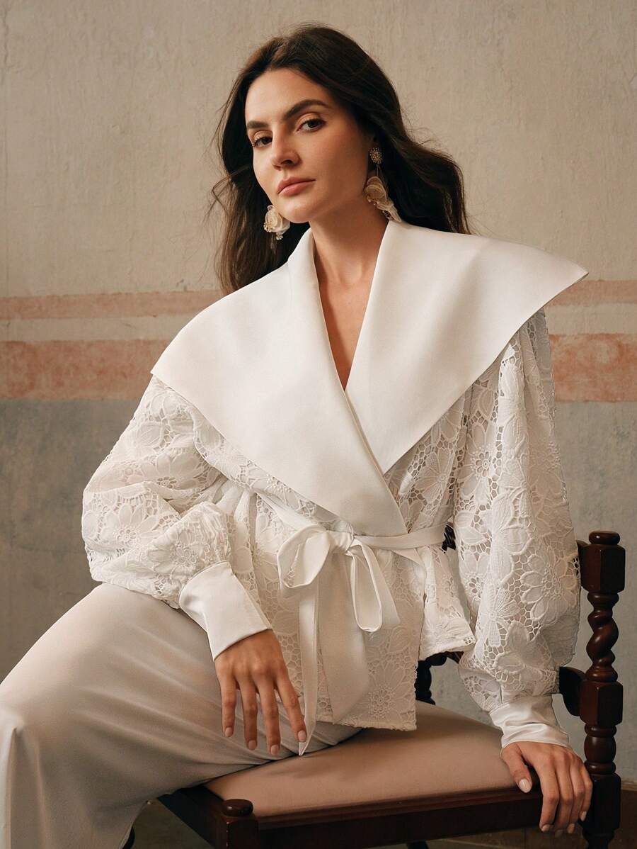 Anewsta V-Neck Wrap Waist Long Sleeve Modest Elegant Jacket - White - View 1