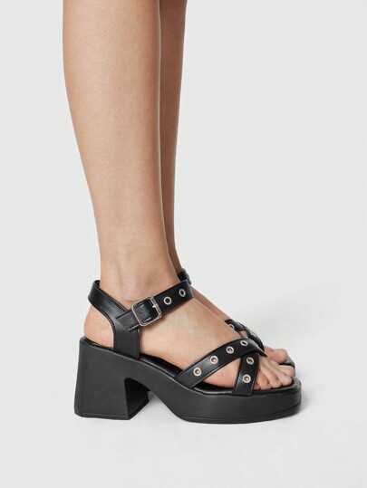 Grunge Punk Sandalias de verano de mujer con punta abierta, con tiras cruzadas, hebilla en las correas, tacón ancho, estilo punk para fiesta, formal y trabajo con tacón alto